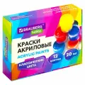 Краски акриловые набор для рисования и творчества 12 цветов по 20 мл Brauberg Hobby, 192435