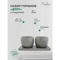Набор горшков для суккулентов Вещицы 21х9,5х8,7 см, 0,3 л / Комплект из 2 шт. с поддоном, гипс, Цвет: серый.