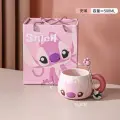 Kawaii Disney Stitch Angel Mug Подарочная коробка Мультяшная ложка Керамическая чашка Кофейная чашка Большая емкость 500 мл Ручка Чашка для воды Подарок на день рождения, Blue, 500ml