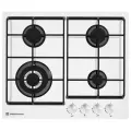 Газовая варочная панель Hebermann HBGG 604.1 W, цвет белый, 60 см, 8000 Вт, закаленное стекло/чугун, 4 конфорки, независимая, механическое управление, электроподжиг, газконтроль, WOK