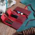 Пенал - скрутка из натуральной кожи для карандашей и ручек. Красный. Натуральная кожа