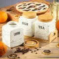 Набор банок для сыпучих продуктов керамических с крышкой и бамбуковой подставкой, Белый мрамор с золотом, 3 штуки, Y4-6600