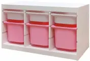 Белый стеллаж труфаст 93х44х52 см с белыми (3 шт) и розовыми (З шт) контейнерами IKEA