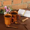 Кружки - чашки с чайными ложками, набор - 4 позиции, из натурального дерева, объем кружек 250 мл для горячих и холодных напитков