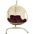 Подвесное кресло M-group для двоих люкс с ротангом бежевое, бордовая подушка