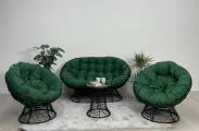 Комплект для отдыха папасан плюс черный: диван, столик, 2 кресла, 3 подушки (зеленый полиэстер)