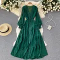Платье кружевное, V-образный вырез, французское, высокое качество, зеленый цвет