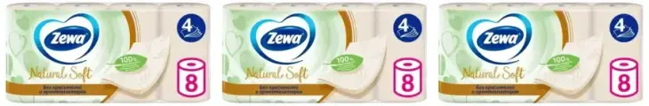 Бумага туалетная Zewa Natural Soft 4 слоя, 8 рулонов, 3 упаковки