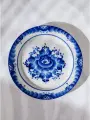 Тарелка Китобой, авторская роспись Гжель, фарфор, 17,5 см, круглая, белая/синяя