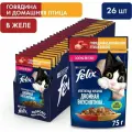 Влажный корм для взрослых кошек Felix Аппетитные кусочки Двойная Вкуснятина говядина и домашняя птица в желе 26шт.*75г