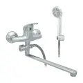 Смеситель для ванны с душем одноручный плоский излив, душевой шланг н/ж сталь, хромированная пластиковая лейка и кронштейн Стройка ЦС-СМ 300/1-4 D35 М-42 Центр Сантехники (Подольск) СТ300103