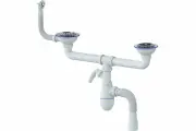 Unicorn Сифон для двойной мойки универсальный выпуск 3 1/2 на (? 40), жесткое соединение, круглый перелив, нержавеющая чашка ? 115, отвод для стиральной машины, гибкий отвод ?40?40/50, винт, шток, ручка - пластик B731VP