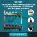 Коллектор из нержавеющей стали с расходомерами, с клапаном выпуска воздуха и сливом на 2 выхода, STOUT, SMS-0927-000002