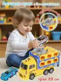Автовоз-трек с катапультой и металлическими машинками желтый