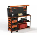 Верстак Metalex серия SUN 950х1200х500 (с бок. тумбой, 1-ой панелью и комплектом освещения) оранжево-чёрный