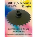 Звезда ведомая (32 зуба) для мотобуксировщиков ведомая под цепь ИЖ 520 (D-25 мм, шпонка 6 мм) шаг 15,875