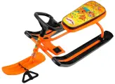 Детский снегокат Тимка Спорт 2+. Три кота, зимние снежные санки с мягким сиденьем от 1,5 лет, авторуль, буксировочный трос и усиленный тормоз, цвет оранжевый
