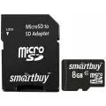 Карта памяти micro SDHC, 8 GB, SMARTBUY, 10 Мб/ сек. (class 10), с адаптером, SB8GBSDCL10-01