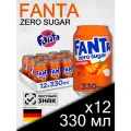 Fanta Orange Zero Sugar, 0.33 л, 12 шт, классическая банка (газированный напиток Фанта Апельсин, без сахара, Германия)