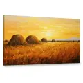 Картина на холсте интерьерная 100х60 см, картина маслом, золотистые оттенки, поля, стога сена, небо, свет и тени