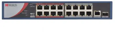 Hikvision Сетевой неуправляемый коммутатор 16 RJ45 1000M PoE портов 2 SFP Uplink порта 1000М Ethernet; IEEE802.3af IEEE802.3at; бюджет PoE 125Вт; поддержка режима передачи до 100м 36 Gbps; защита от перенапряжений 100 to 240 VAC 2.5A; 150Вт;-10 C.+55C.