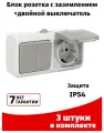 Блок (розетка+выключатель Двойной) EKF PRO (3штуки)/ розетка с крышкой с заземлением 16А + двухклавишный выключатель IP54 серый Мурманск