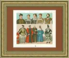 Европа XVI века: прически дам и кавалеров высшего общества, костюмы дворян. Антикварная хромолитография