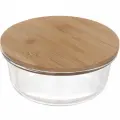 Контейнер стеклянный 650мл «Хай-Тек», круглый, с бамбуковой крышкой, герметичный