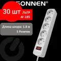 Комплект 30 шт, Сетевой фильтр SONNEN SPW-185, 5 розеток с заземлением, выключатель, 10 А, 1.8 м, белый, 513653