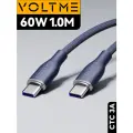 Кабель 1м 3A 60W Voltme PowerLink Rugg CTC USB Type-C - Type C, провод для быстрой зарядки телефона Samsung, Iphone, зарядный шнур синий Online Box