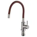 Смеситель для кухни с высоким поворотным гибким гнущимся силиконовым изливом VIKO V-4458 однорычажный, кухонный кран для раковины / на мойку Вико, с подводкой, нержавеющая сталь, коричневый