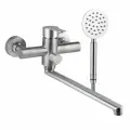 Смеситель для ванной длинный излив 35 см с душевым набором, сатиновый