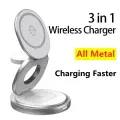 Магнитная подставка для быстрого беспроводного зарядного устройства из цинкового сплава, портативная зарядная станция 3 в 1, для iPhone 16 15 14 Apple Watch Airpods, Silver