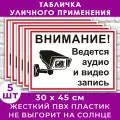 Набор табличек 5 шт. «Внимание! Ведется видеонаблюдение и аудио запись» (45х30см)