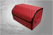 Автомобильный органайзер из экокожи для багажника, 50х30х30 см, рисунок фигурный ромб красный/ строчка черная/ окантовка черная.