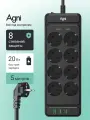 Сетевой фильтр, AGNI, 8 розеток + 3 USB и 1 TYPE-C, удлинитель сетевой 5м, с выключателем и предохранителем