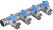 Коллектор Henco 3/4 ВР(г) х 4 выхода 3/4 НР(ш) ЕК х 3/4 НР(ш) с шаровыми кранами (VB050504-BLAUW)